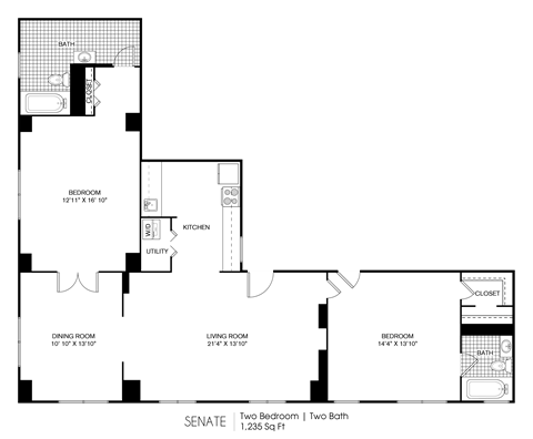 Floor plan for 2 beds, 2 baths, 1235 sqft